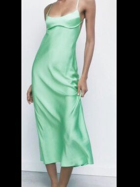 Zara Mint Green Satin Slip Midi Dress
